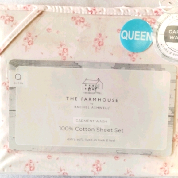 Shabby Chic Cottage Farmhouse QUEEN sheet set Pastel Pink ribbon & roses floral - Picture 1 of 7